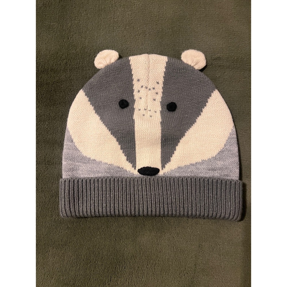 Woodland Badger Knit Beanie Hat Mini Boden Kids Small Gray Cream